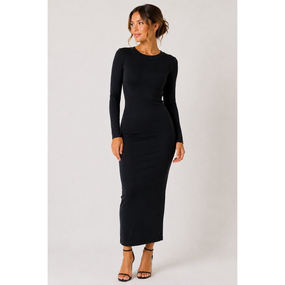 David Lerner Black Long Sleeve Bodycon Midi Dress Minimalist Stretch Fitted S
